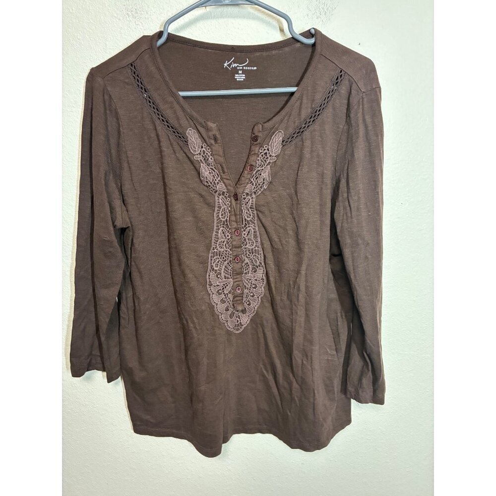 Kim Rogers Boho T-Shirt Lace Trimmed Brown Casual Size Medium BD2